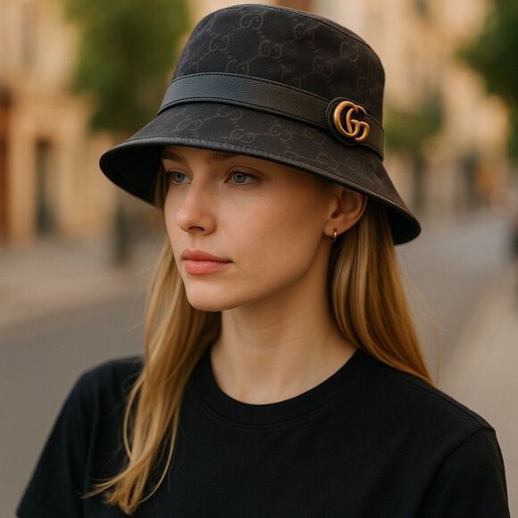 AUTHENTIC Gucci Dark Gray Bucket Hat with Gold Detail - Picture 1 of 8